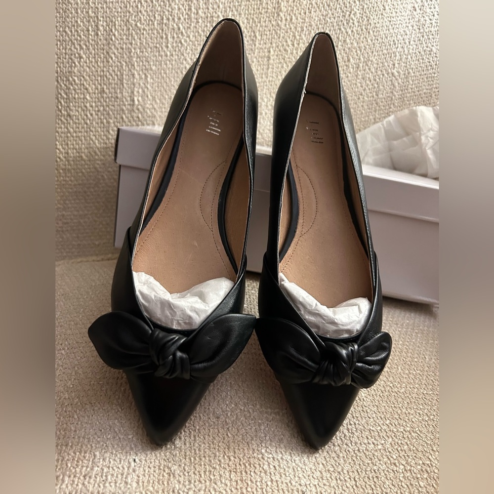 * New J Jill Simone Black Leather Flat Bow Detail Flat Shoes SZ 9.5 *